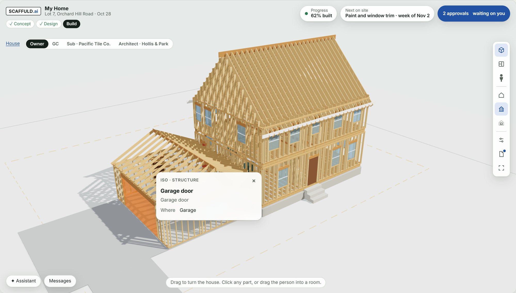 Build stage: the framed house at 62% built, with the garage door selected and highlighted and its part card open