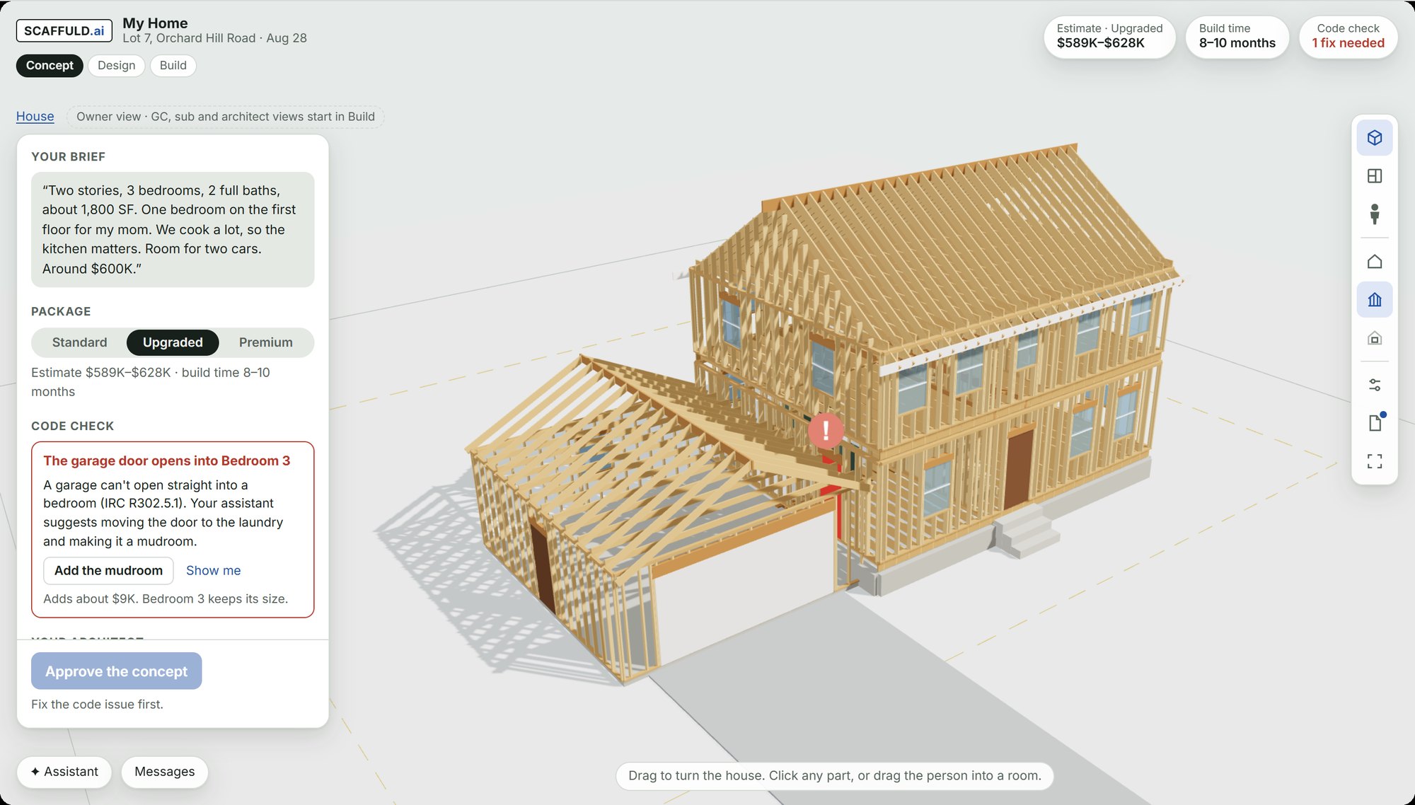 Concept stage: the brief, package choice, estimate and a code check flagging a garage door that opens into a bedroom