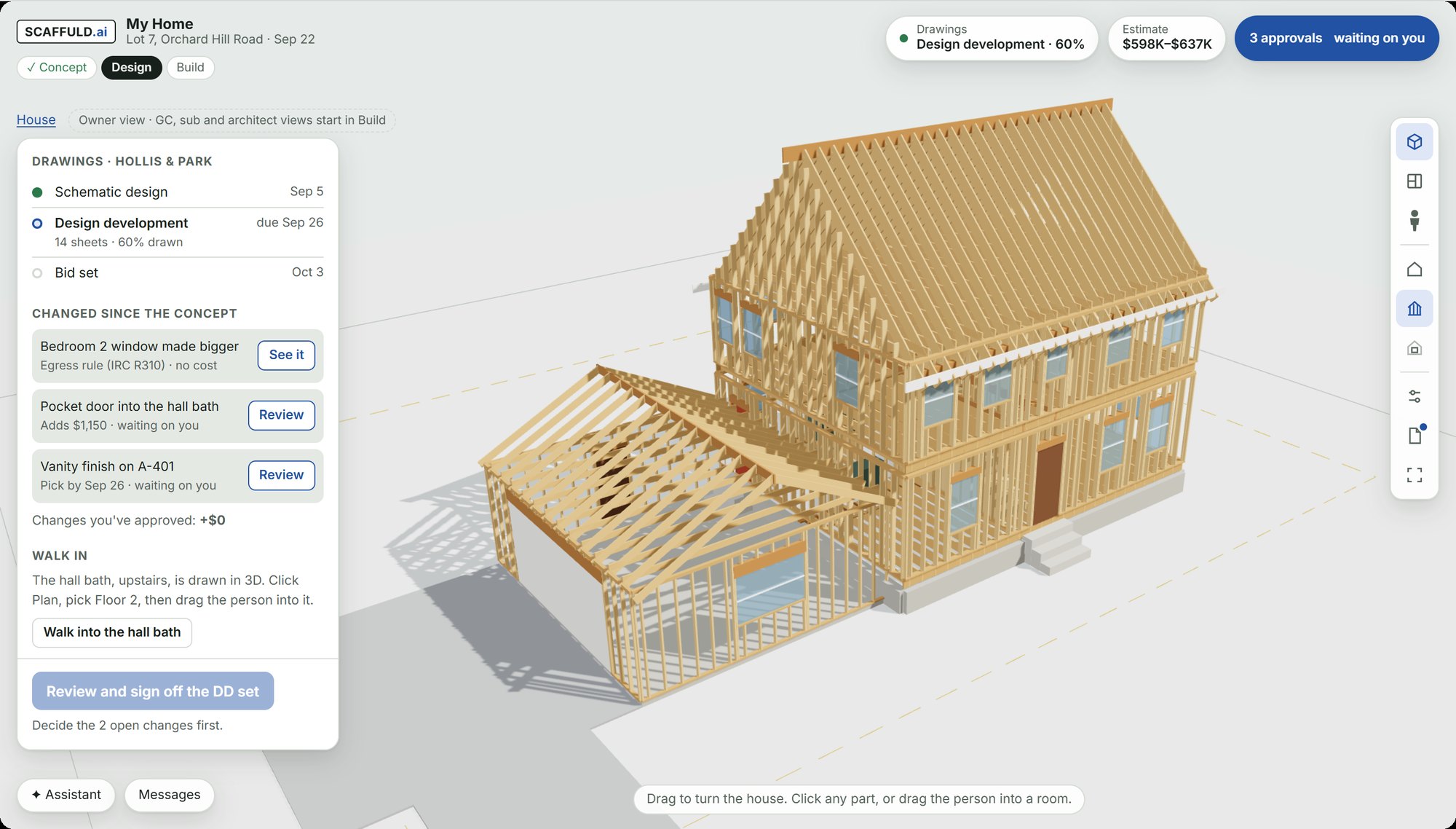 Design stage: the architect's drawing progress, changes since the concept waiting on the owner, and the house as drawn